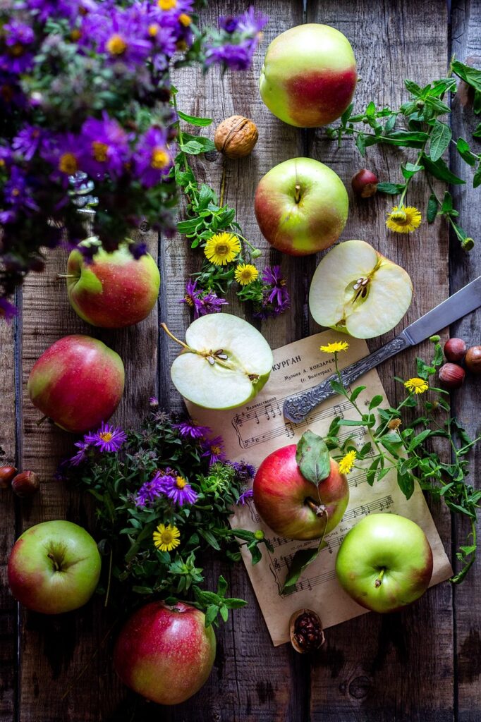 apples, garden, wooden table